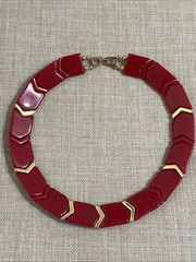 Vintage Red Acrylic Lucite Plastic Choker Collar Red Chevron Gold Necklace Fold