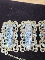 VTG Wide Victorian Revival Blue Confetti Cab Bracelet & Earrings Set