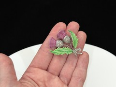 Vintage Scottish Thistle Pot Metal Enamel & Marcasite Flower Brooch Pin