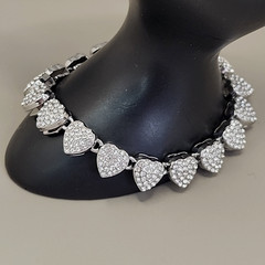 Vintage Heart Bracelet Pave Clear Rhinestones Silver Tone Linked 7.25″