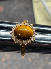 Size 7 TIGERS EYE oval Clear Rhinestone COCKTAIL RING DO 18Kt GE gold plate