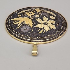 Vintage Damascene Pendant Flowers Birds Round Domed Black Gold Tone 2″