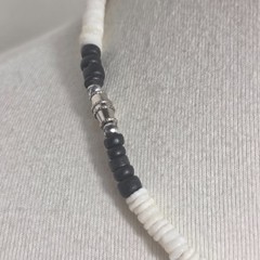Puka Shell Necklace White Heishi Beads with Tan, Black & Burgundy Accent Beads