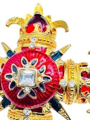 Vintage RJ Graziano Maltese Cross Red Enamel Brooch Pin Gold Tone Blue Baguettes