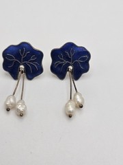 Vintage Water Lily Leaf Blue Enamel Dangle Pearl Sterling Silver Stud Earrings