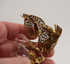 Antique Vintage Gilt Filigree Brooch Cut Crystal Drop European Design Statement