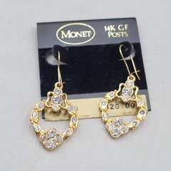 Vintage Monet Rhinestone Pierced Earrings Gold Plated Dangle 1.5″