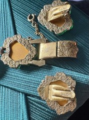 VTG Judy Lee Green Carved Lucite Leaf Bracelet & Clip Earrings Set Signed MCM