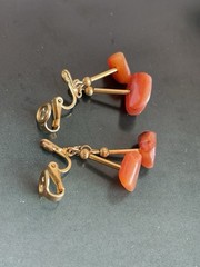 Vintage signed Trifari red bead dangle slip-on earrings gold tone