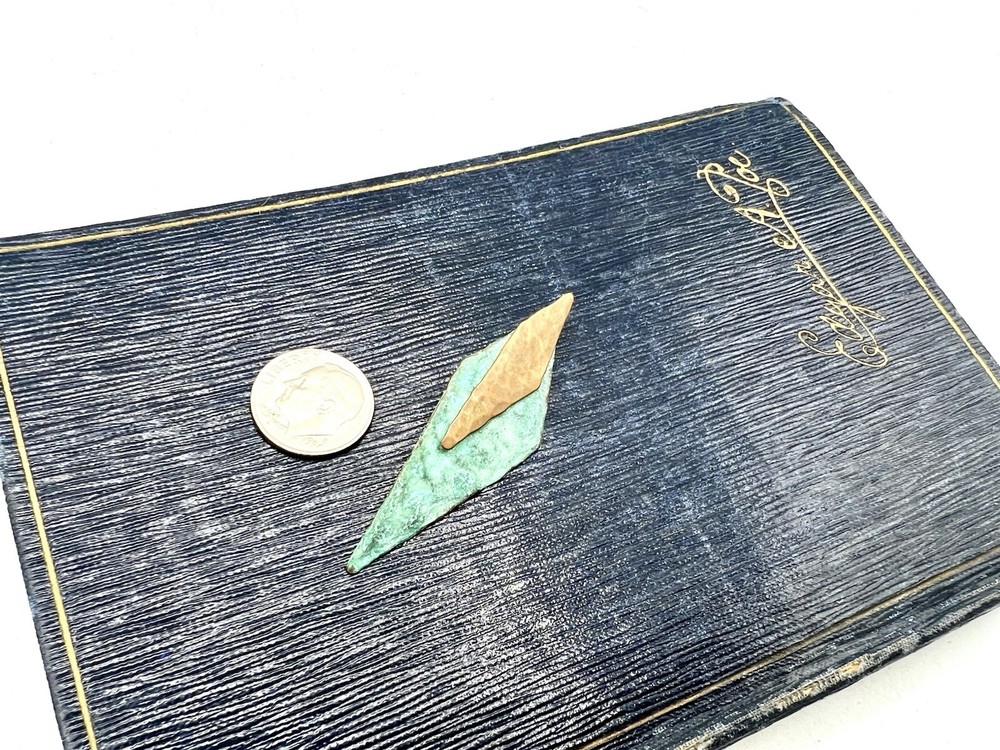 MCM Vintage Artisan Pin Brooch Green Enamel Patina Hammered Copper Abstract