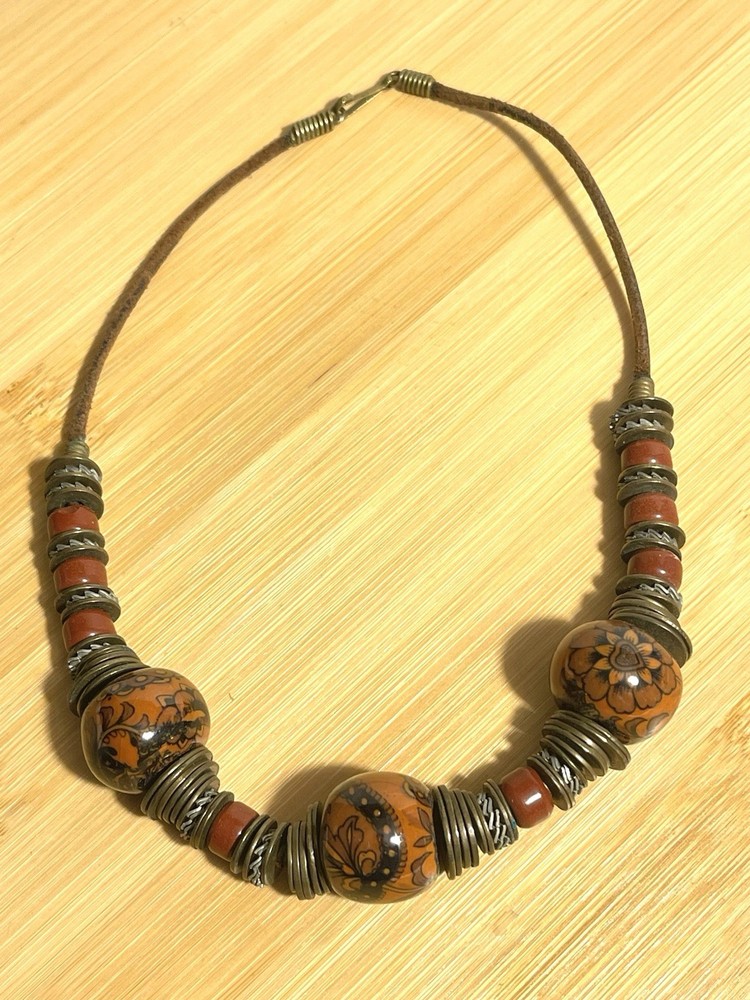 Vintage Wooden Beads & Metal Accents Leather Cord Necklace 1970s Boho Style 16”