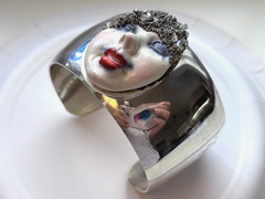 OOAK Clay Art Face Bracelet Cuff Silver-tone Metal VTG 1990s Iridescent Beads