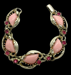 VTG Lipstick Pink thermoset Lucite Rhinestone Gold-tone 5-link bracelet MCM