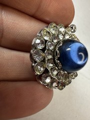 Vintage Necklace Karu Blue Glass Cabochon Pendant Clear Chain