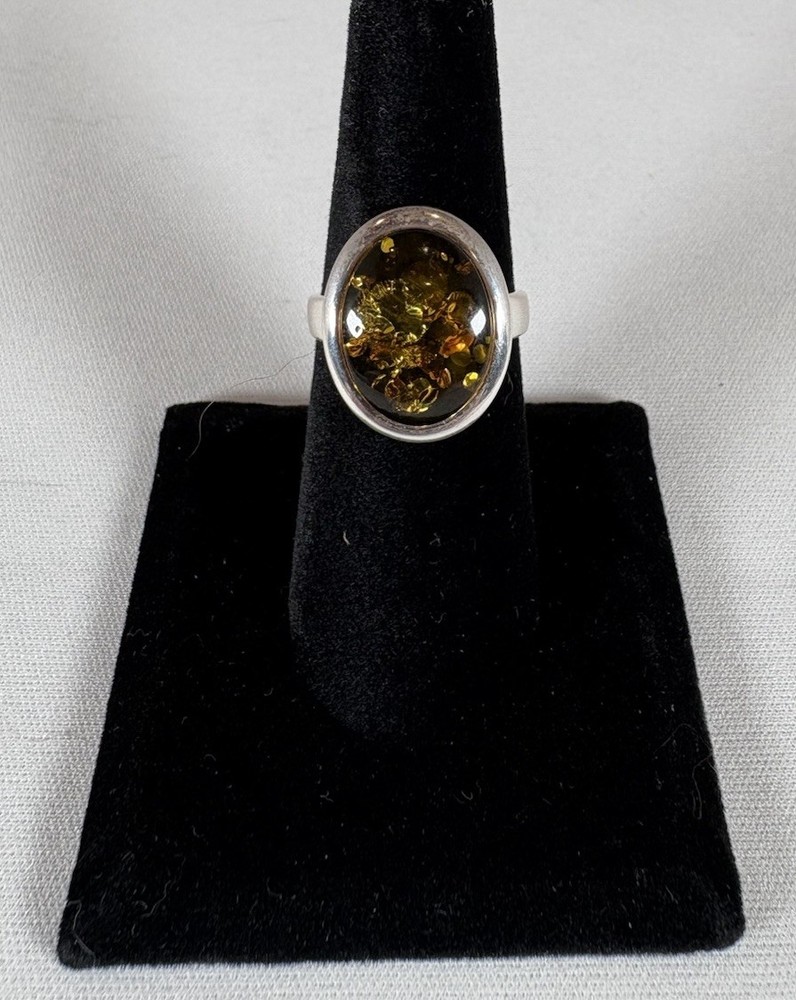 PZ Poland Baltic Amber 925 Ring Size 7 Beautiful Estate Piece Yellow Brown