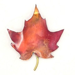 Vintage Enameled Copper Brooch Maple Leaf Red Orange Fall Autumn Pin Handcrafted