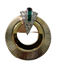 Vintage Boucher gold tone faux emerald and diamond earring and brooch set