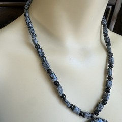 VTG Pendant Necklace 19 Inch Carved Buffalo Snowflake Obsidian Black Onyx Beads