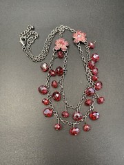 Vintage Boho Ab Red Crystal Charm Layered Beaded Necklace 18” Silver Tine