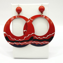 Large Metal Hoop Red Black White Enamel Hand Painted Pierced Vintage Earrings