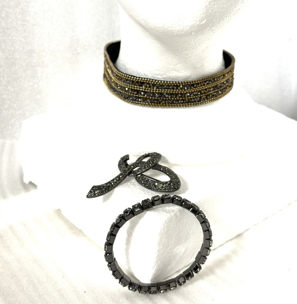 Necklace Bracelet Brooch Lot Beads Rhinestones Dark Gray Black 3 Pieces VTG