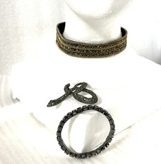 Necklace Bracelet Brooch Lot Beads Rhinestones Dark Gray Black 3 Pieces VTG