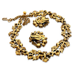 Vintage 1950s Signed LISNER Pastel Rhinestone Flower Leaf Necklace Earrings Set
