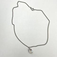 VTG Silver Tone Emerald Cut Clear Crystal Solitaire Pendant Necklace Curb Chain