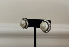 Vintage Pearl Clear Crystal Round Stud Button Cabochon Clip On Earrings 3/4”