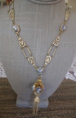 Vintage Art Glass Lavalier Filigree Tassel Necklace, Gold Tone, 22″