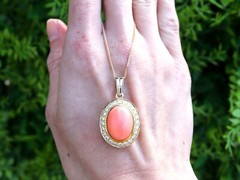 Vintage 9.27 Ct Coral and 0.80 Ct Diamond 18k Yellow Gold Pendant Circa 1960