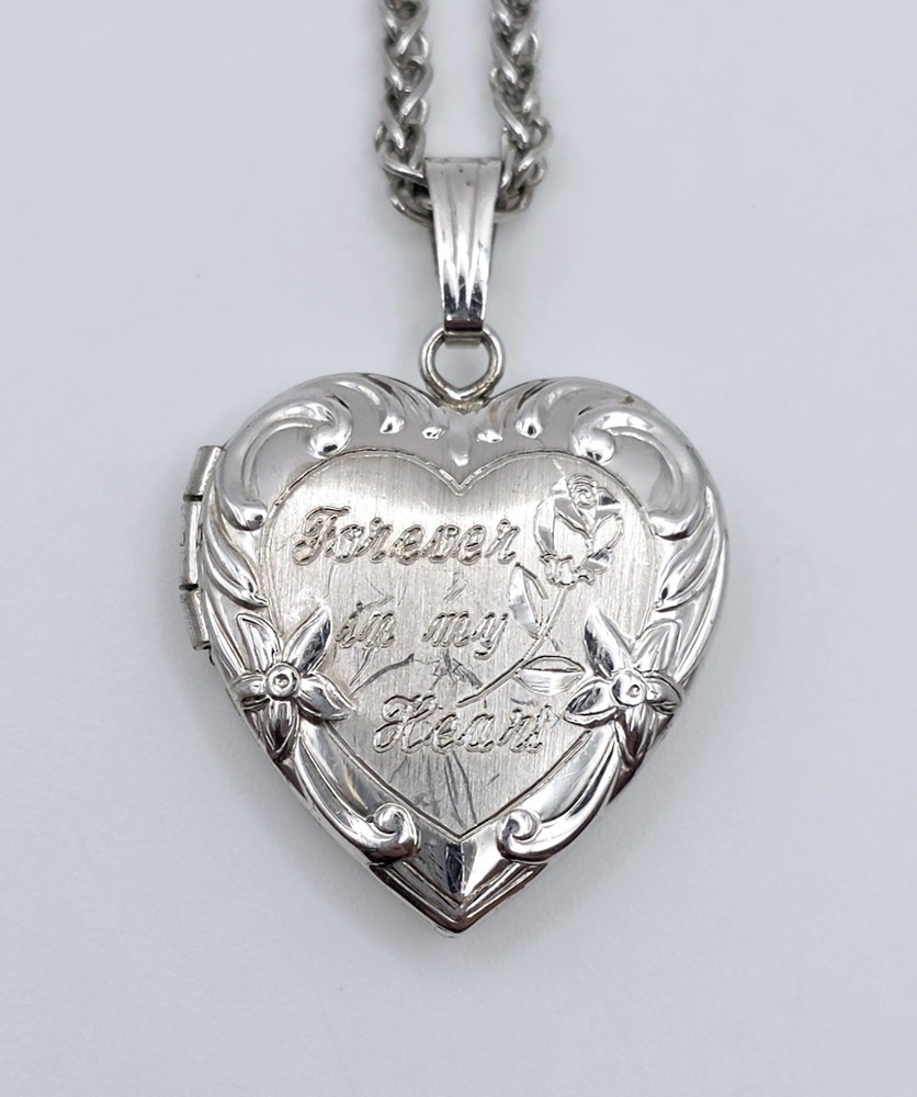 Vtg Marathon Sterling Silver Heart Locket Pendant Necklace Forever in My Heart