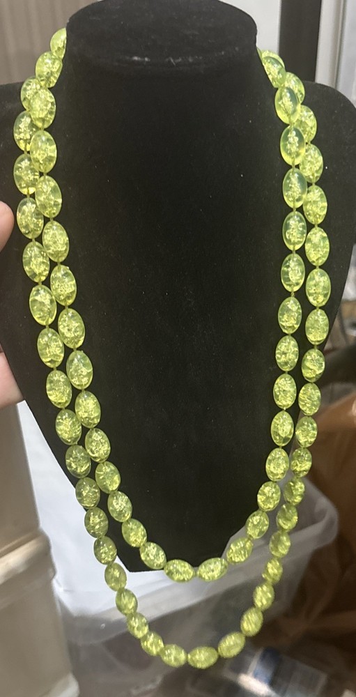 Vintage Lime Green Lucite Bead Long Necklace Single Strand 53”