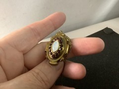 VTG/Antique brass?Czech? Garnet rhinestones Opalite glass pendant necklace 18″