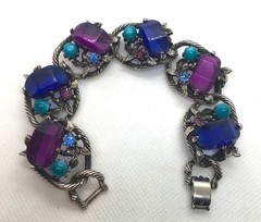 UNIQUE SELINI LINK BRACELET W/PURPLE, TURQUOISE & VIOLET LUCITE INSET PIECES!