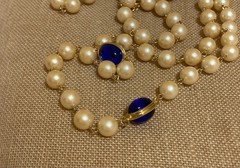 Vintage Faux Pearl Beaded Necklace Bezel Cobalt Blue Cabochon Opera Flapper 42″
