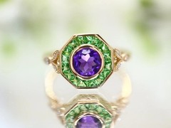 Art Deco Amethyst & Emerald Lab Created Diamond Wedding Ring 14K Yellow Gold FN