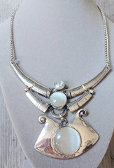 Vintage Egyptian Revival Style Silvertone Bib Necklace w/ white moonstone