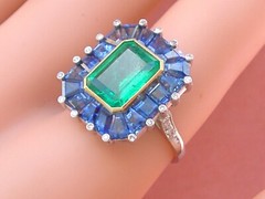 ESTATE ART DECO 2.30 ct EMERALD 4 ctw SAPPHIRE DIAMOND PLATINUM COCKTAIL RING