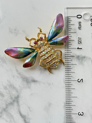 Vtg Signed Graziano Bee Insect Brooch Pin AB Crystals Multicolor Wings, Goldtone