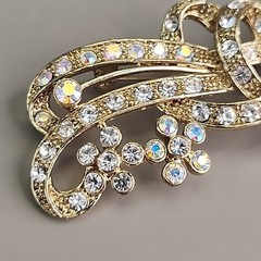 Rhinestone Ribbon Bow Brooch Clear AB Flowers Gold Tone 3.25″