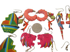 6 Pair Vintage FUN KITSCHY PAINTED WOOD ANIMAL FISH BIRDS BOAT DANGLE EARRINGS