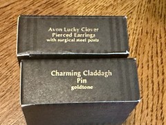 Vintage NOS In Box Avon Gold Tone Lucky Clover Earrings & Charming Claddagh Pin
