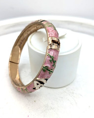 Vintage Cloisonne Panda Hinged Bracelet Pink Enamel Bamboo Gold Tone Bangle