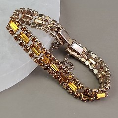 Vintage Rhinestone Bracelet Orange Glass Tennis Safety Chain Gold Tone 6.5″