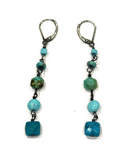 SW SILVER FAUX TURQUOISE BLUE GREEN STONES 2.75″ FRENCH WIRE DANGLE EARRINGS NEW