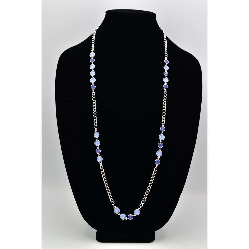 Vintage Station Chain Necklace Sky Blue Crystal Silver Tone Long Y2K BinBJ