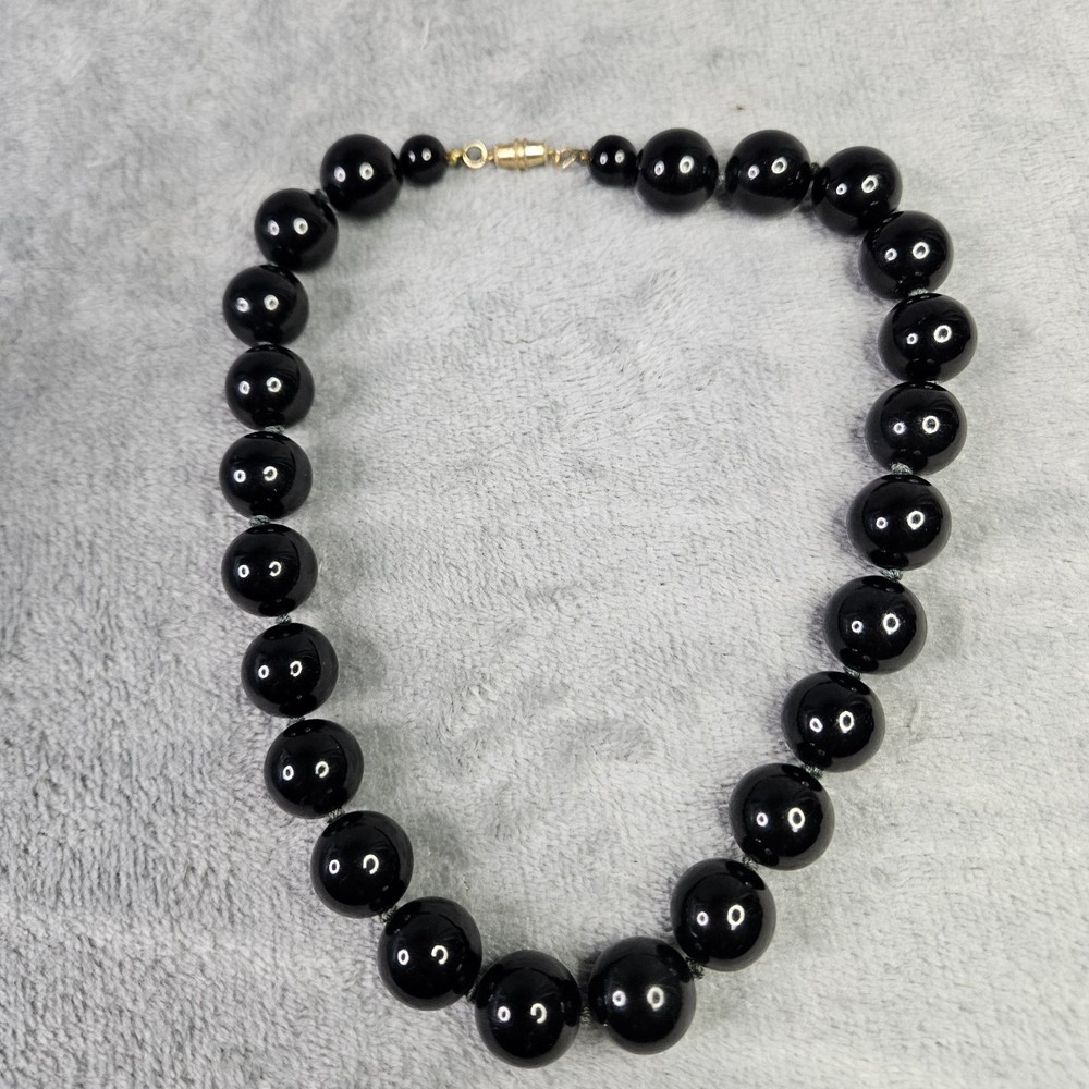 Vintage Black Glass Beaded Necklace Collar Gold-Tone Barrel Clasp