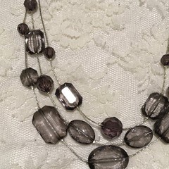 Vintage Silver Tone Smokey Purple Gray Bead 3 Strand Necklace Layered Statement
