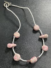 Vintage 16” Pink Polymer Clay White Glass Beaded Necklace